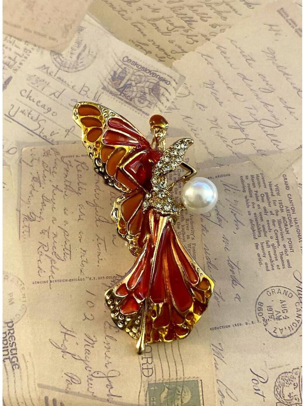 Orange Enameled Butterfly Silhouette Figure Rhinestones Pearl Centerpiece Brooch